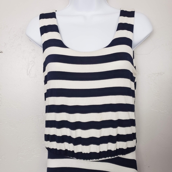 Renee C Medium Navy Blue White Striped Maxi Dress Sleeveless Tank Top Drop Waist - Picture 2 of 6